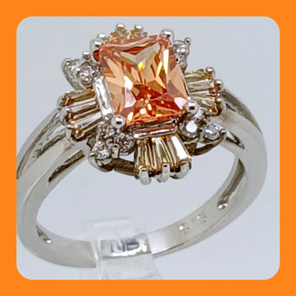 Vintage 90s Sterling Silver Champagne Emerald Cut CZ Cocktail Ring Size 8.5 NOS